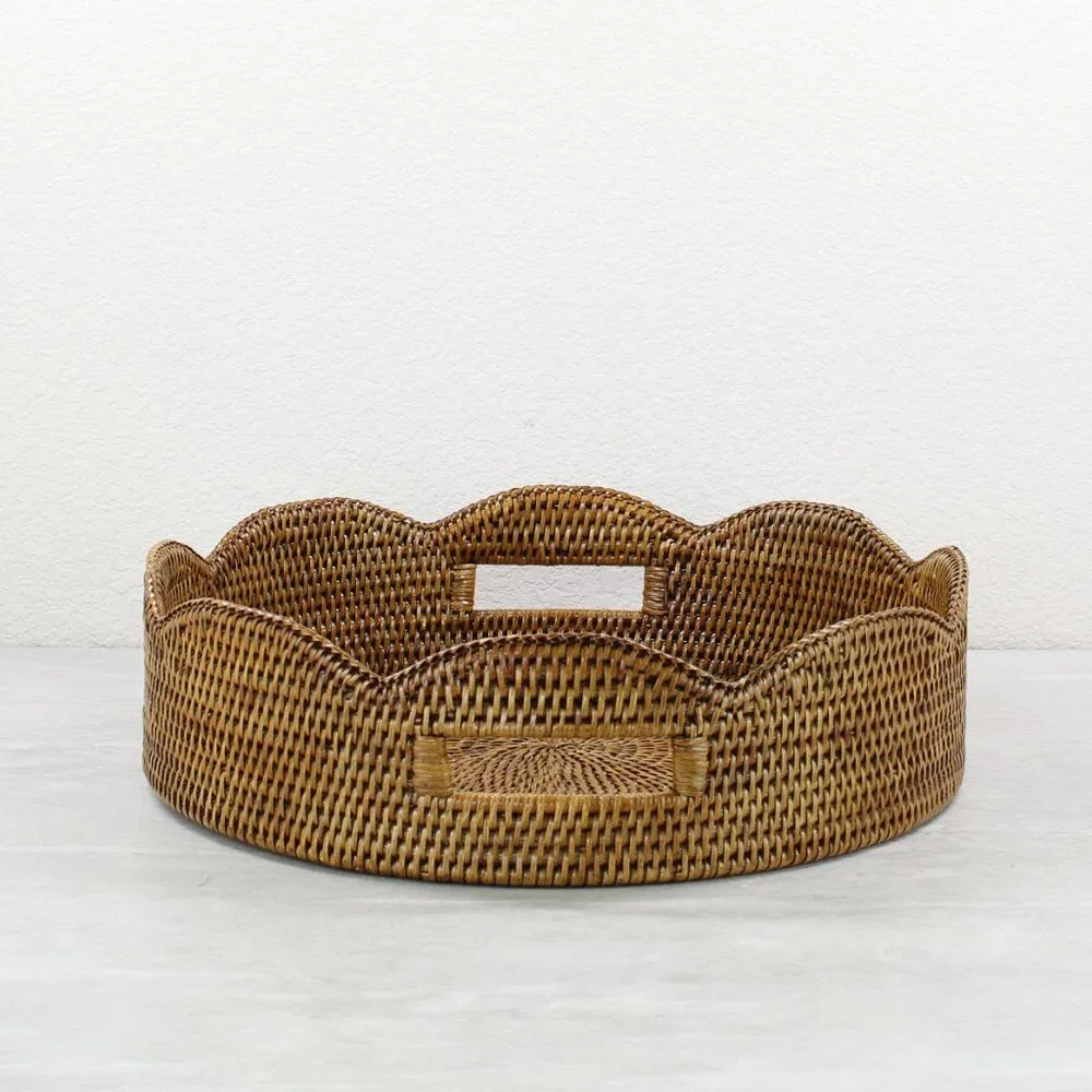 NEW Tight Woven Scalloped Round Rattan Tray - Honey Brown
